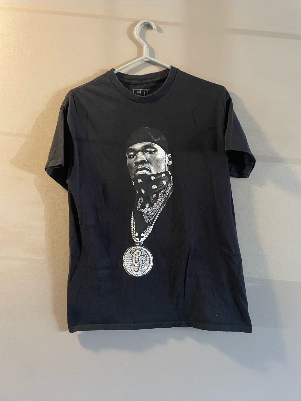 50 cent Black Graphic Men's T‑Shirt with Portrait Print